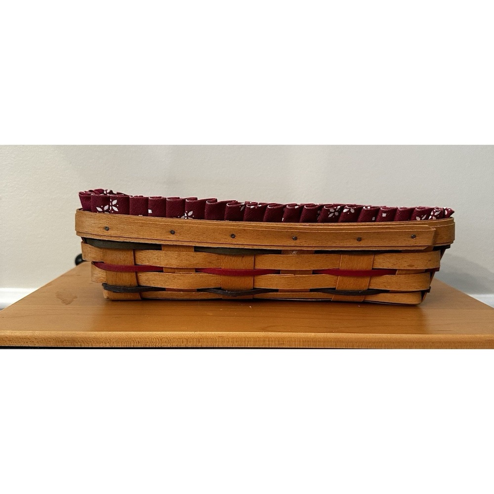Longaberger 1995 Cracker Basket Handwoven Wood Red Blue Accent Liner Protector